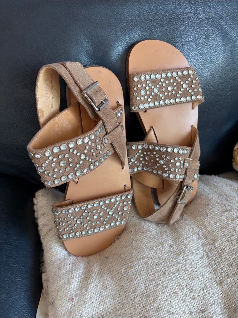 Embellished Tan Suede Women’s Sandals with Buckle Strap
